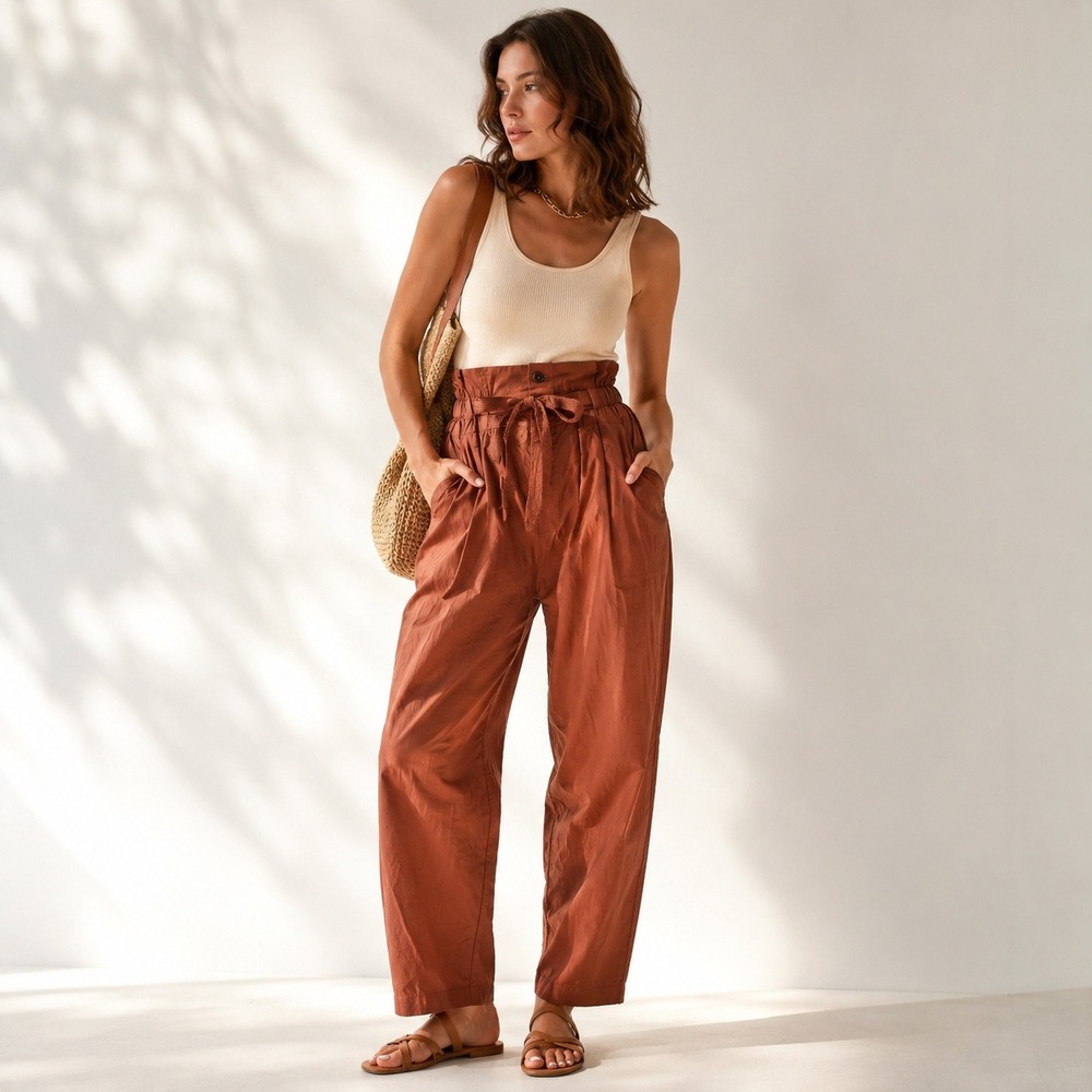 Vanessa Bruno Pants High Waisted Rust Lyocell Cotton Paperbag Waist Size 38 M